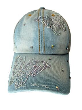 Rhinestone Denim Ball Cap Light Wash Jean Butterfly Distressed Y2K Bling Glam
